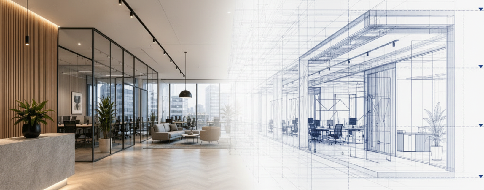 Office fit-out interior shown half as photograph, half as drawing